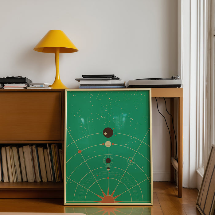 Syzygy I star map print beside a yellow lamp and record player