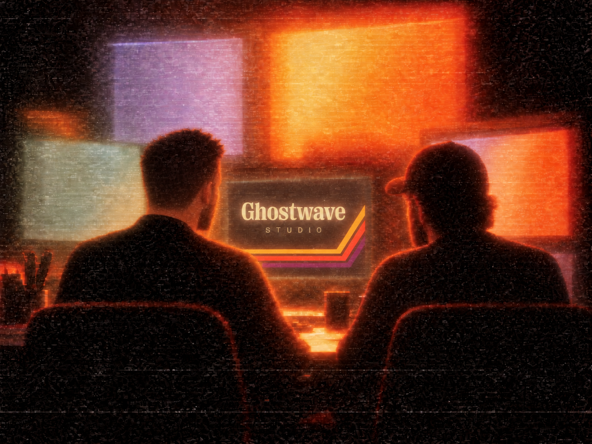Two people at a wall of glowing CRT monitors, with Ghostwave Studio on the central screen